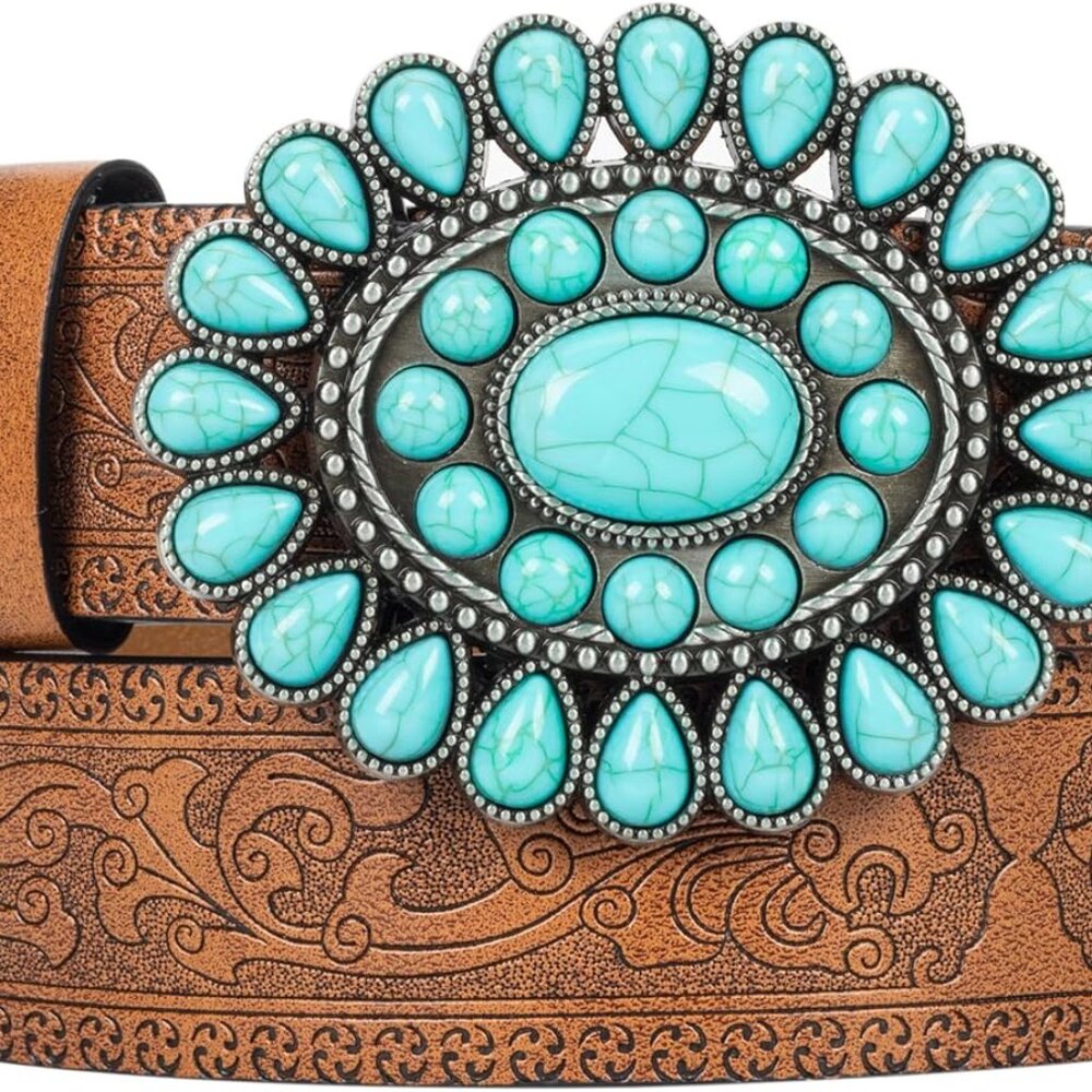 Women Western-Belts Rhinestone-Cowboy-Cowgirl Embossed Floral Pu Leather Bling-D - Picture 7 of 7